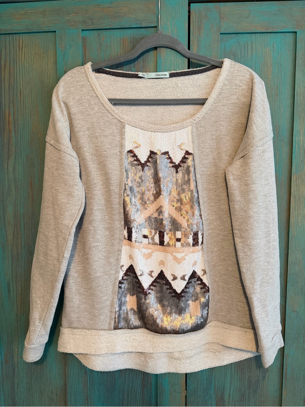 Maurices Light Gray Pullover Sweatshirt with Sequined Tribal Panel. Worn once.